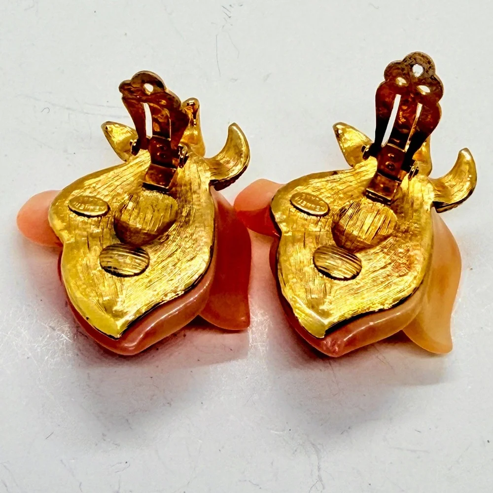 Kenneth Jay KJL Lane Peach Rose & Rhinestone Clip On Earrings Vintage 1990’s - Picture 4 of 6